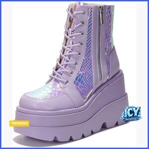 Holographic Platform Ankle Boots with Chunky Block Heel